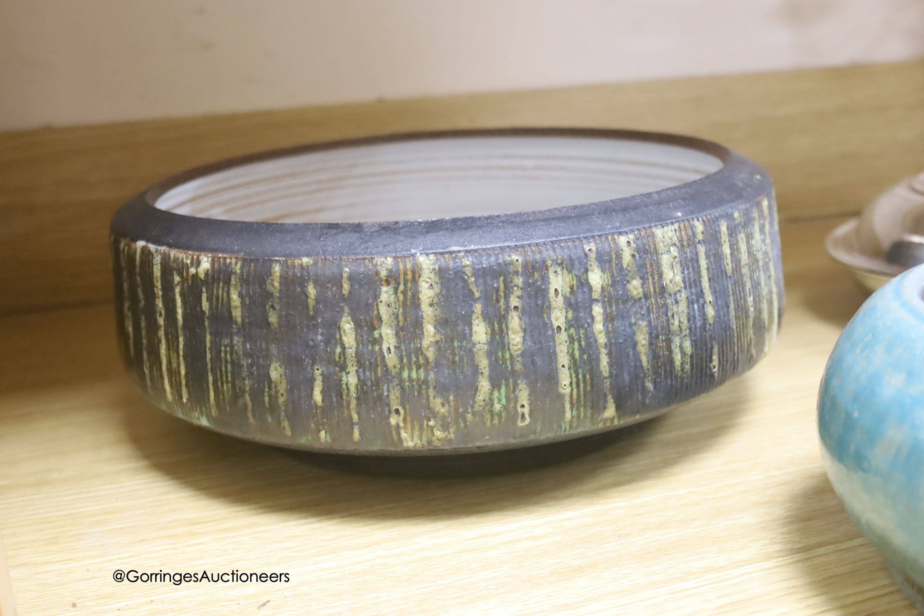 Two studio turquoise glazed pottery bowls and a larger stoneware bowl, diameter 29.5cm